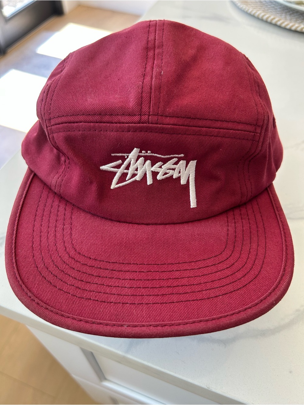 Stussy Five-Panel Cap in Burgundy with White Logo